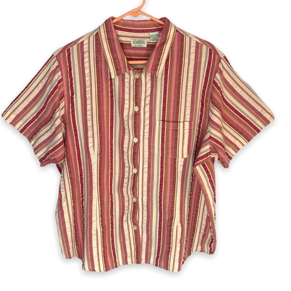VTG Womens 20/22W Plus 100% Cotton Striped Seersucker Casual Button Down 90s Y2K